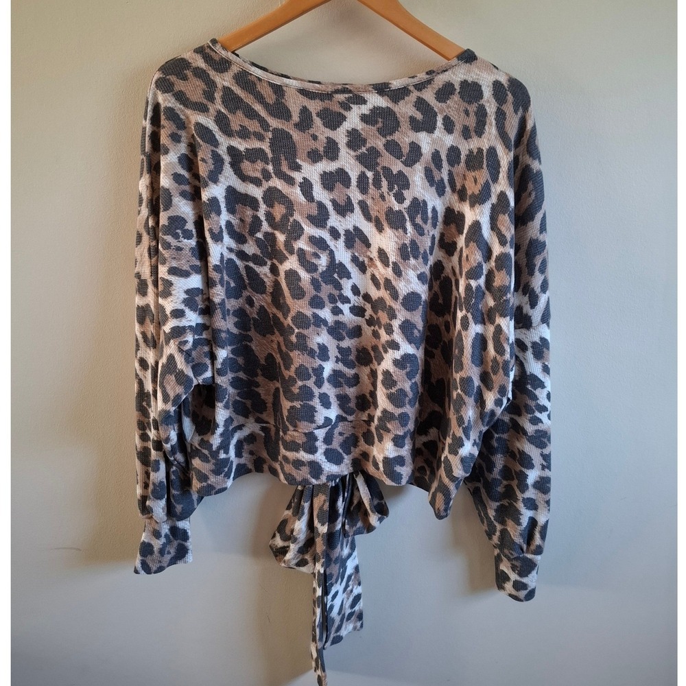 Leopard Open Back Indie Glam Baddie Blouse Waist Tie Long Crop Boat Neck Sz S